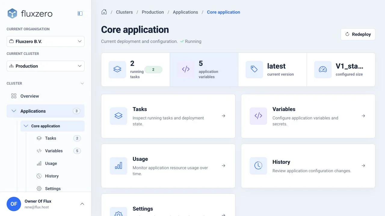 A demo application overview, showing version, tasks, variables and history.