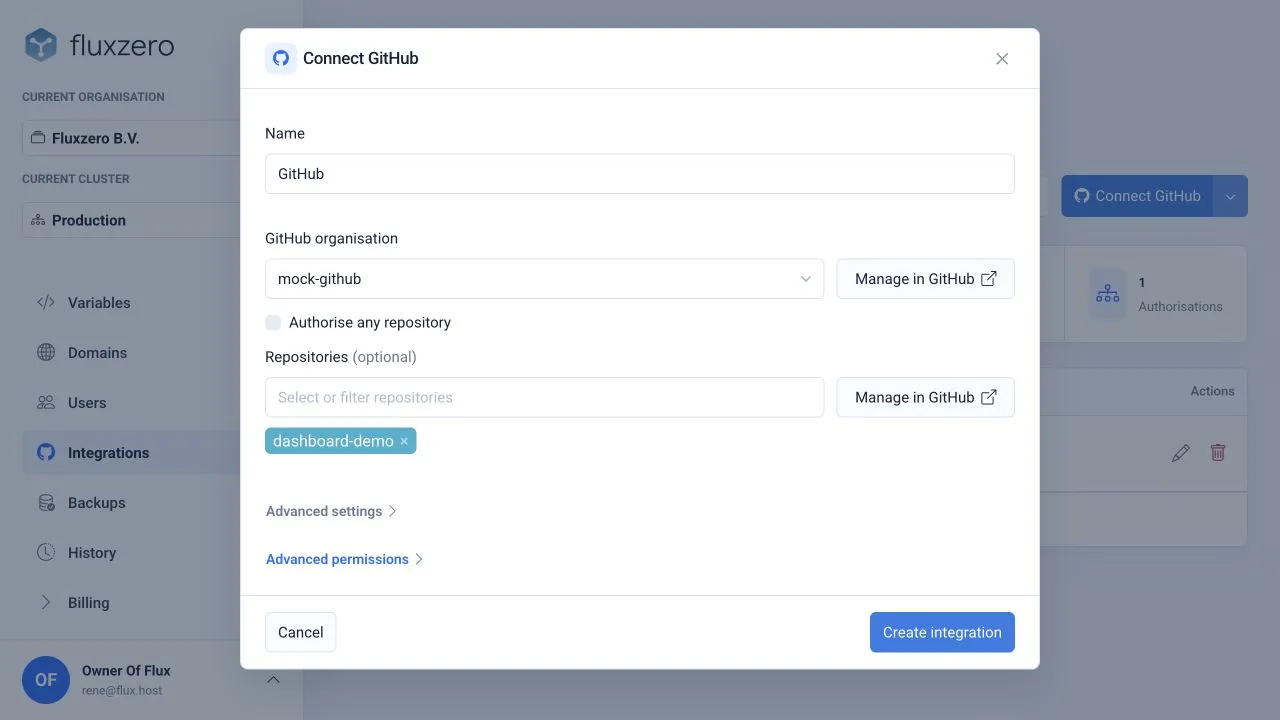 The Connect GitHub form with one demo repository selected and unrestricted repository access turned off.