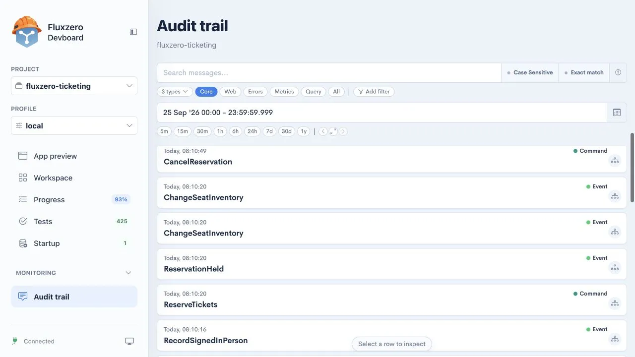 Audit trail listing commands and events from ticket reservations and cancellations.