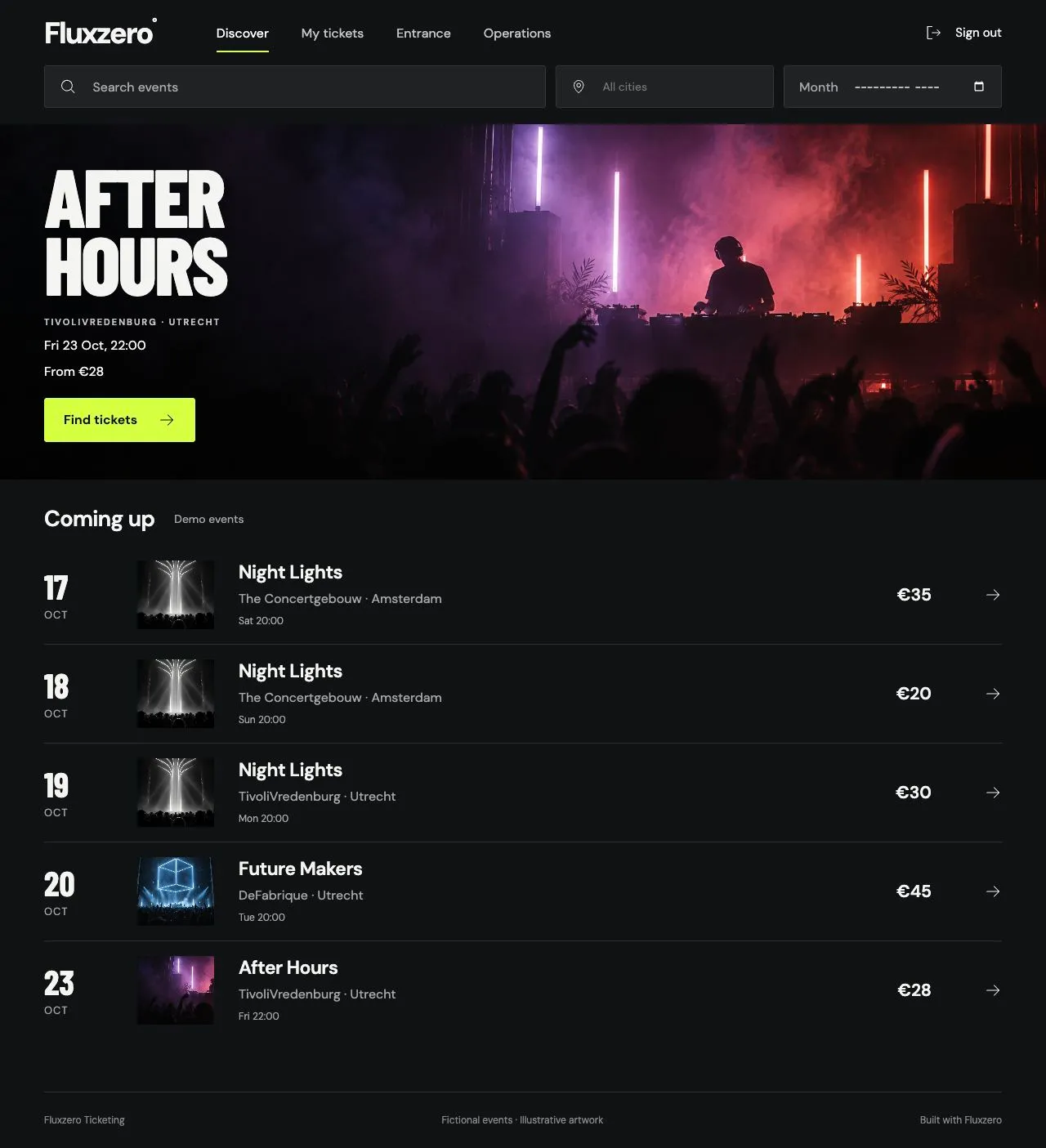 Ticketing showing the After Hours event and a list of upcoming demo events.